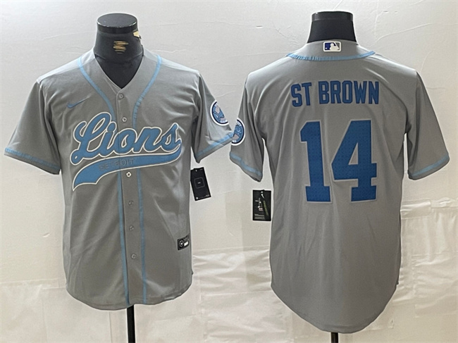 Men's Detroit Lions #14 Amon-Ra St. Brown Gray Cool Base Stitched Baseball Jersey